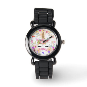 Roze Gouden Glitter Eenhoorn Gezicht Trendy Meisje Horloge