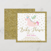 Roze & Gouden Glitter Eenhoorn Meisjes Baby shower Kaart (Voorkant / Achterkant)