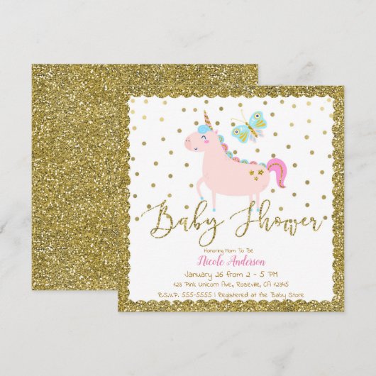 Roze & Gouden Glitter Eenhoorn Meisjes Baby shower Kaart (Voorkant / Achterkant)