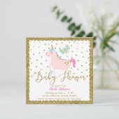 Roze & Gouden Glitter Eenhoorn Meisjes Baby shower Kaart (Staand voorkant)