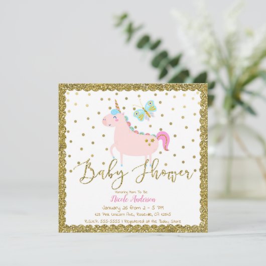 Roze & Gouden Glitter Eenhoorn Meisjes Baby shower Kaart (Staand voorkant)