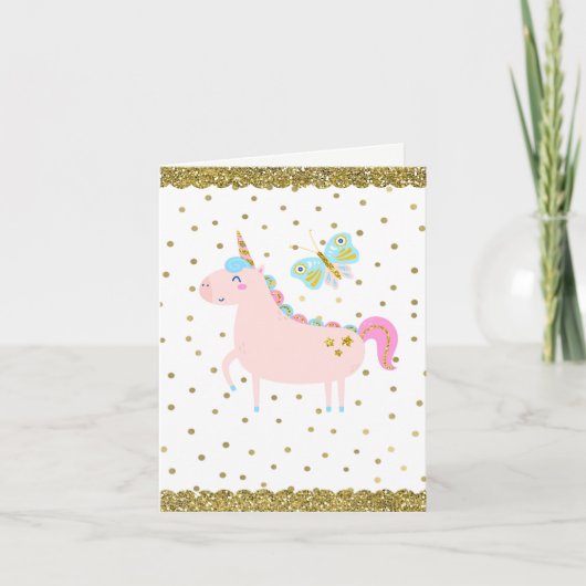 Roze & Gouden Glitter Eenhoorn Meisjes Verjaardags Kaart (Voorkant)