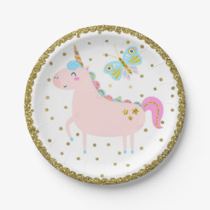Roze & Gouden Glitter Eenhoorn Meisjes Verjaardags Papieren Bordje