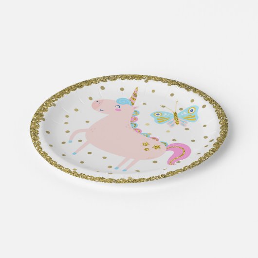 Roze & Gouden Glitter Eenhoorn Meisjes Verjaardags Papieren Bordje (Gekanteld)