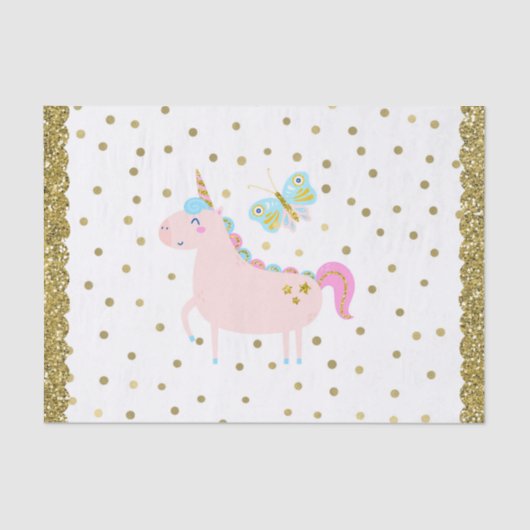 Roze & Gouden Glitter Eenhoorn Meisjes Verjaardags Tissuepapier (Voorkant)