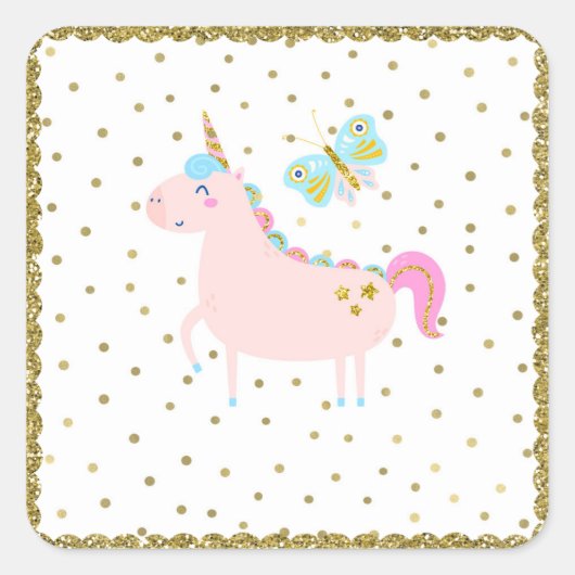 Roze & Gouden Glitter Eenhoorn Meisjes Verjaardags Vierkante Sticker (Voorkant)