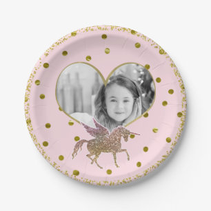 Roze & Gouden Glitter Eenhoorn Verjaardagsfeest Fo Papieren Bordje