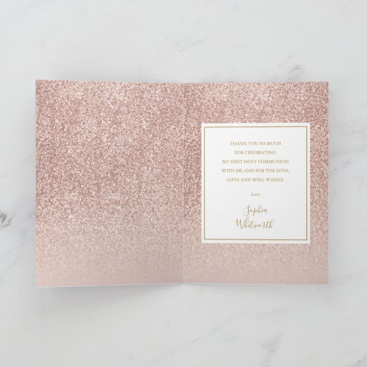Roze Gouden Glitter Eerste Heilige Communie Foto Bedankkaart (Binnen)