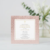 Roze Gouden Glitter Eerste Heilige Communie Vierka Kaart (Staand voorkant)
