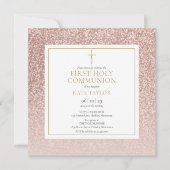 Roze Gouden Glitter Eerste Heilige Communie Vierka Kaart (Voorkant)