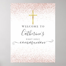 Roze Gouden Glitter Eerste Heilige Communie Welkom Poster