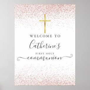 Roze Gouden Glitter Eerste Heilige Communie Welkom Poster