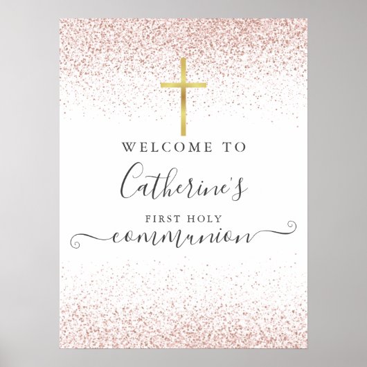 Roze Gouden Glitter Eerste Heilige Communie Welkom Poster (Voorkant)