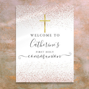 Roze Gouden Glitter Eerste Heilige Communie Welkom Poster