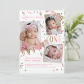 Roze Gouden Glitter Eerste Verjaardag 3 Fotocollag Kaart (Staand voorkant)
