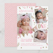 Roze Gouden Glitter Eerste Verjaardag 3 Fotocollag Kaart (Voorkant / Achterkant)