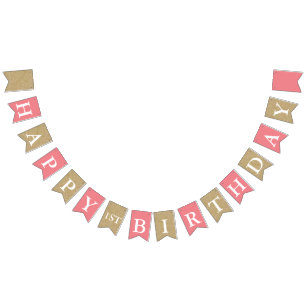 Roze & Gouden Glitter Eerste Verjaardag Party Bann Vlaggetjes