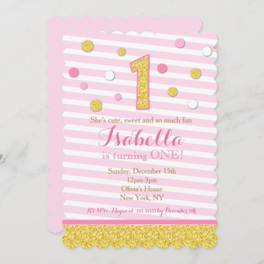 Roze & Gouden Glitter Eerste Verjaardag Uitnodigin Kaart (Voorkant / Achterkant)