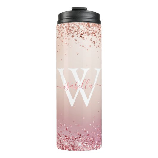 Roze Gouden Glitter Elegante Monogram Thermosbeker (Voorkant)