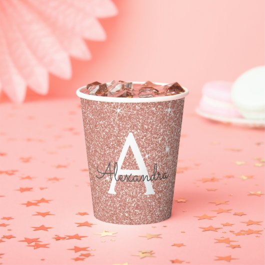 Roze Gouden Glitter en Glans Monogram Koffiebekers Papieren Bekers (Insitu)