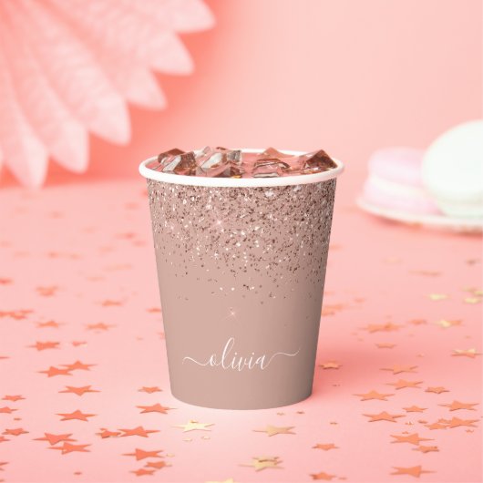 Roze Gouden Glitter en Glans Monogram Koffiebekers Papieren Bekers (Insitu)