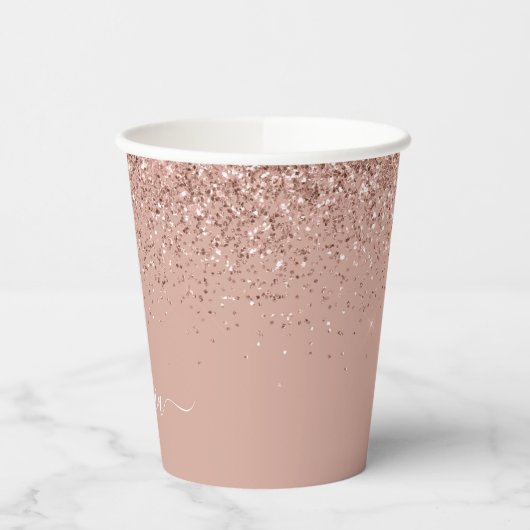 Roze Gouden Glitter en Glans Monogram Koffiebekers Papieren Bekers (Links)