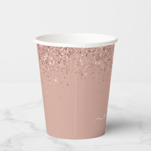 Roze Gouden Glitter en Glans Monogram Koffiebekers Papieren Bekers (Rechts)
