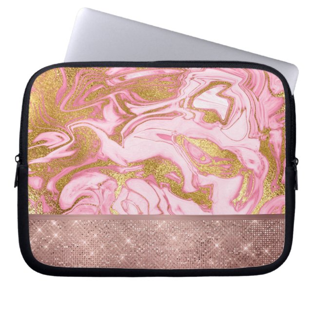 Roze Gouden Glitter en Sparkle Marble Laptop Sleeve (Voorkant)