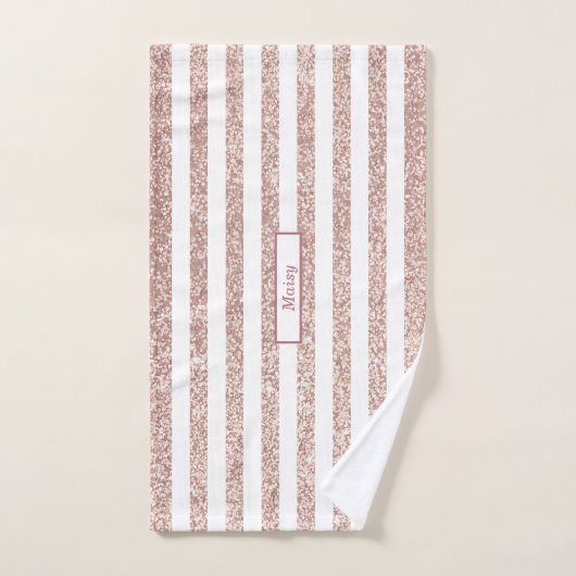 Roze Gouden Glitter en Witte Gestreepte Gepersonal Bad Handdoek (Handdoek)