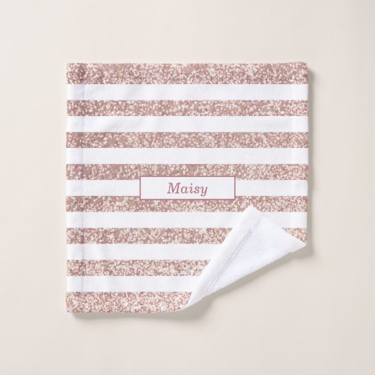 Roze Gouden Glitter en Witte Gestreepte Gepersonal Bad Handdoek (Wasdoekje)