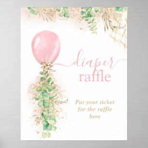Roze Gouden Glitter Eucalyptus Ballon Luier Raffle Poster