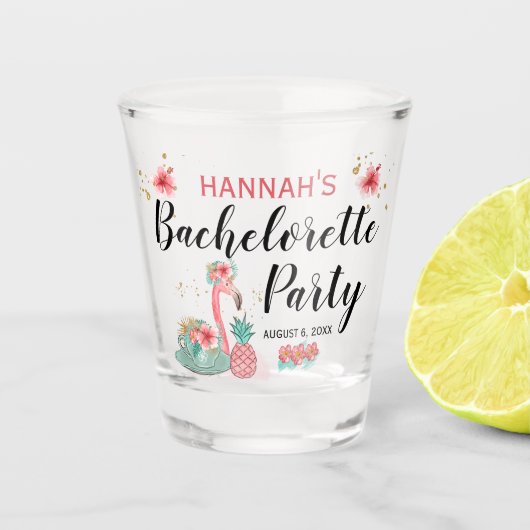 Roze Gouden Glitter Flamingo Bachelorette Feest Shot Glas (Voorkant)