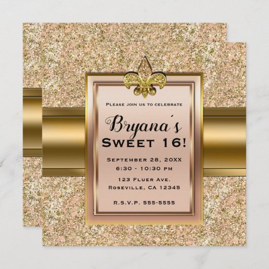 Roze & Gouden Glitter Fleur de lis Feest Kaart (Voorkant / Achterkant)