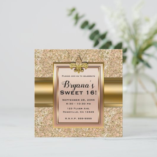 Roze & Gouden Glitter Fleur de lis Feest Kaart (Staand voorkant)