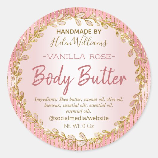 Roze Gouden Glitter Folie Lijnen Body Butter Label (Voorkant)