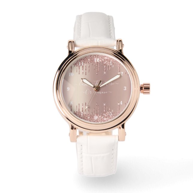Roze Gouden Glitter Fonkelende Aangepaste Tekst Ho Horloge (Voorkant)
