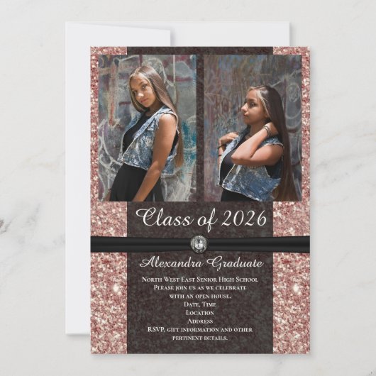 Roze Gouden Glitter Foto Klas van 2026 Afstuderen Kaart (Voorkant)