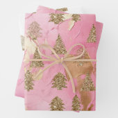 Roze Gouden Glitter Glam Kerstbomen Inpakpapier Vel (In situ)