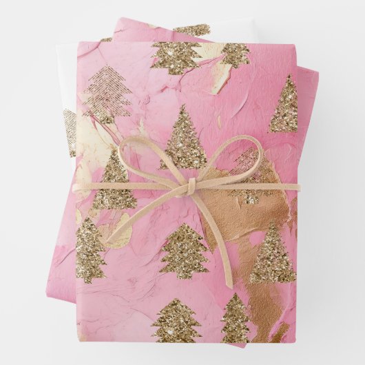 Roze Gouden Glitter Glam Kerstbomen Inpakpapier Vel (In situ)