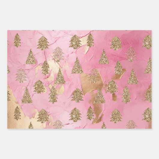 Roze Gouden Glitter Glam Kerstbomen Inpakpapier Vel (Voorkant)
