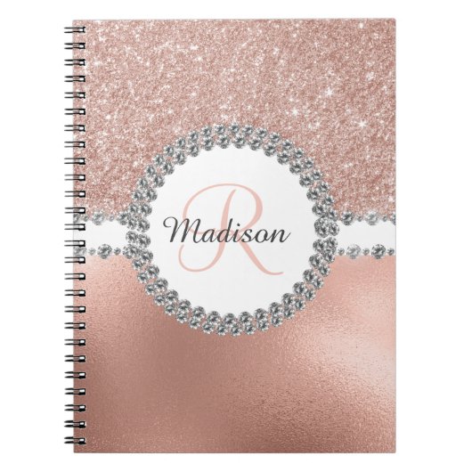Roze Gouden Glitter Glam Monogram Diamant Notitieboek (Voorkant)