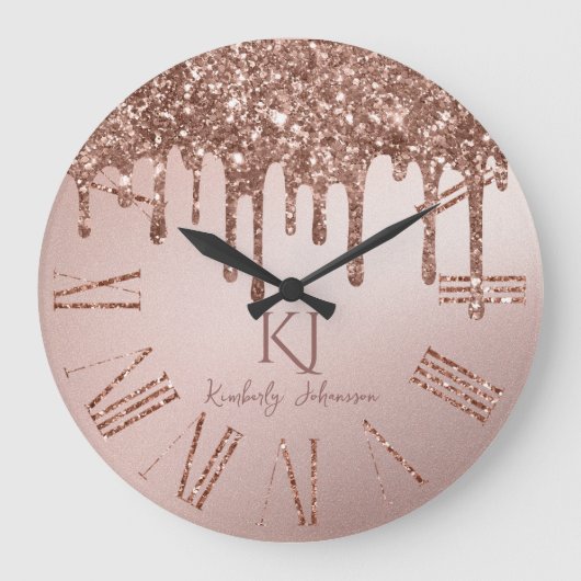 Roze Gouden Glitter Glam & Monogram Initiaal Grote Klok (Voorkant)