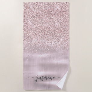 Roze Gouden Glitter Glam Monogram Naam Meisjesacht Strandlaken