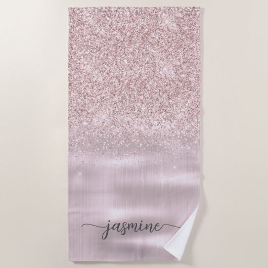 Roze Gouden Glitter Glam Monogram Naam Meisjesacht Strandlaken (Voorkant)