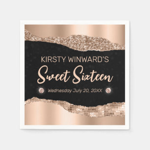 Roze Gouden Glitter Glam Rand & Diamanten Sweet 16 Servet