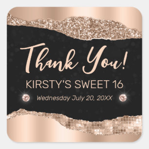 Roze Gouden Glitter Glam Rand & Diamanten Sweet 16 Vierkante Sticker