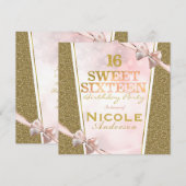 Roze Gouden Glitter Glam Sweet 16 Bow Verjaardagsf Kaart (Voorkant / Achterkant)