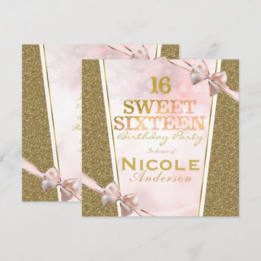 Roze Gouden Glitter Glam Sweet 16 Bow Verjaardagsf Kaart (Voorkant / Achterkant)