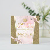 Roze Gouden Glitter Glam Sweet 16 Bow Verjaardagsf Kaart (Staand voorkant)