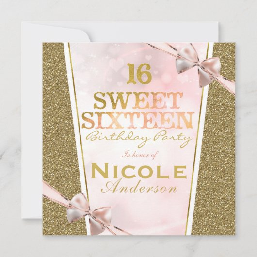 Roze Gouden Glitter Glam Sweet 16 Bow Verjaardagsf Kaart (Voorkant)